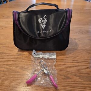 Younique Bundle Makeup Bag Eyelash Curler Black Purple Travel Brushes Storage